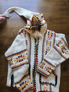 Handmade Wool Baja Hoodie Jacket Inca Maki Ecuador Tribal Boho Zip M/L 22x25